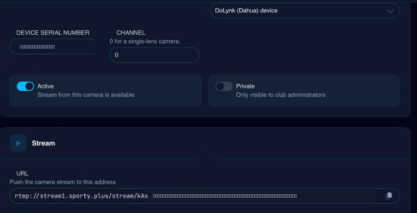 A camera's settings in SportyPlus, showing the RTMP address to push the camera stream to
