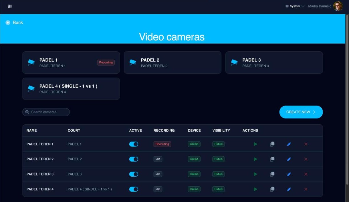 The video cameras list in the SportyPlus club admin: four cameras, each mapped to a court, with active, recording, device and visibility status