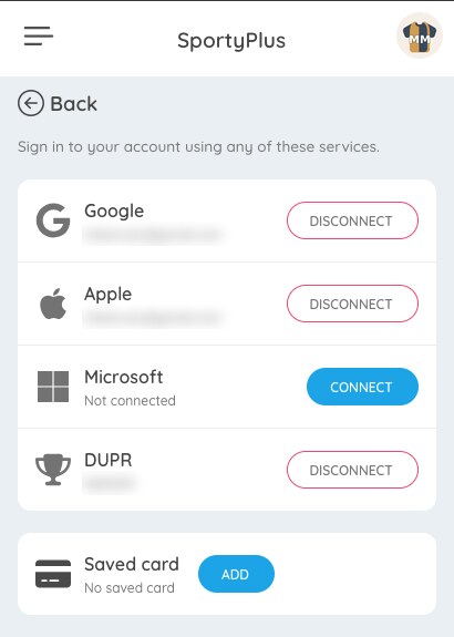 Connected accounts in the SportyPlus member app, with a DUPR account linked alongside Google and Apple